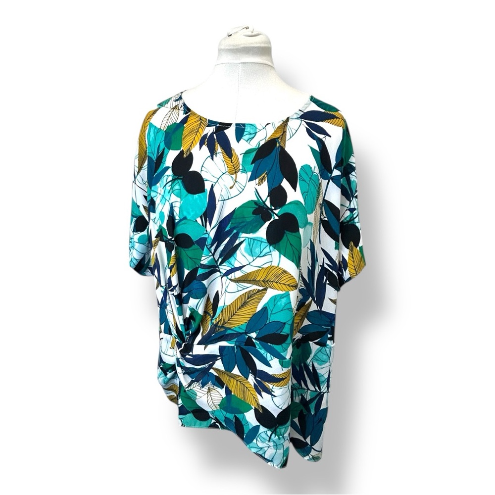 Worthington Women’s Short Sleeve Top Knot Waist Tropical Leaf Blouse Multi 2X